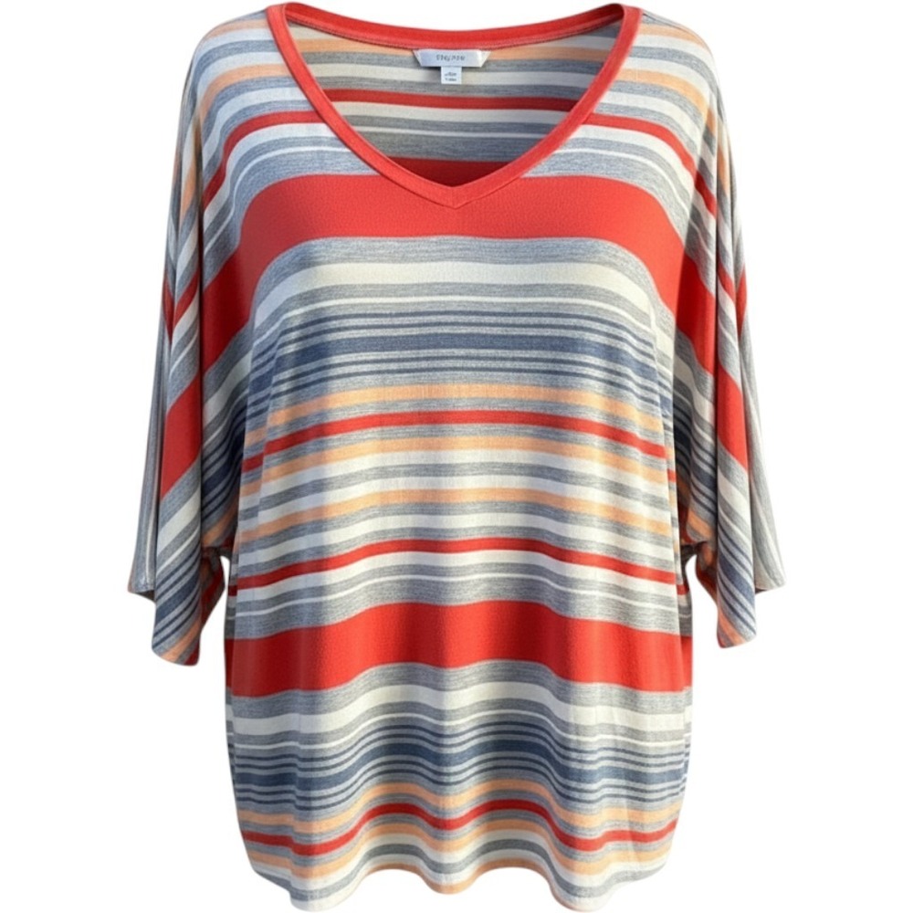 Sunday Woman 2X Striped V-Neck Dolman Top Coral Blue Grey Knit Shirt